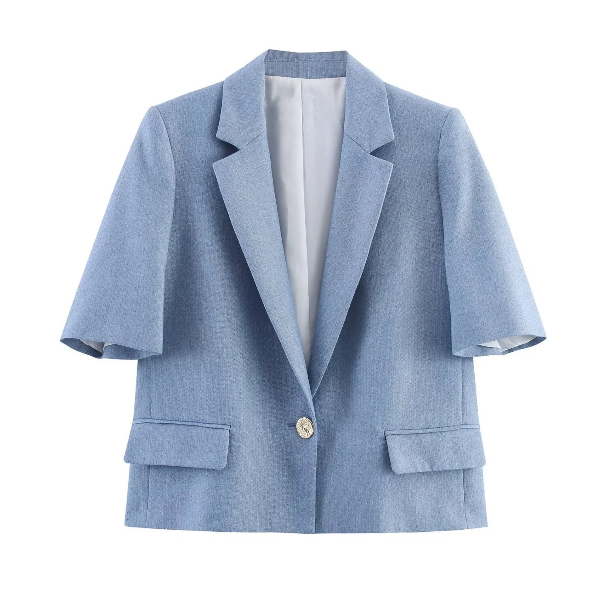 Women's Solid Straight Leg Long Pants Sets Or Female OL Single Button Short Blazer Coat Or Commuting Style Women blue Long Pants