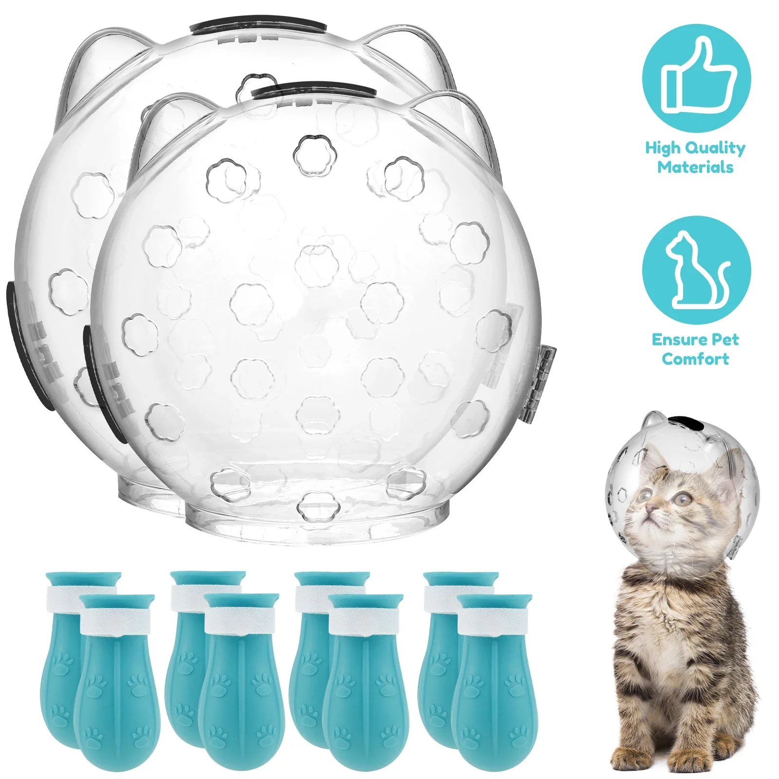 Cat Muzzle Breathable Transparent Anti-Bite Protective Space Hood Set Durable Cat Grooming Accessories with 4 Silicone Paw Shoes 1