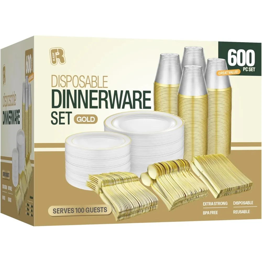 600pcs Plastic Dinnerware Set For 100 Guests Gold Plastic plates for party Premium Wedding