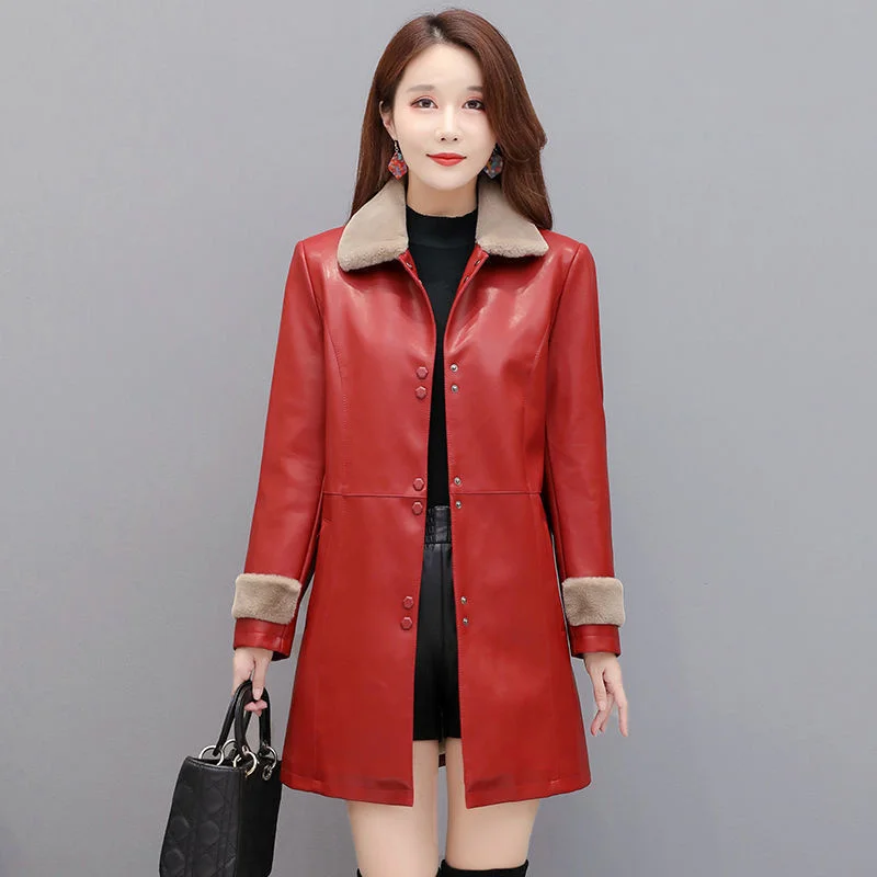 

Women Medium-Length Loose Coat Winter PU Leather Coat With Lapel And Western Style Mother's Dress And Velvet Padded Leather Coat