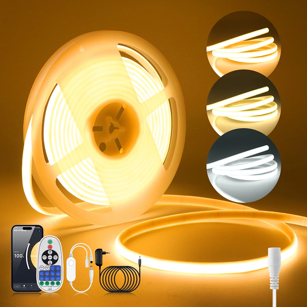 COB LED 스트립 라이트 와이파이 블루투스 앱 제어 320LEDs IP67 유연한 테이프 라이트 12V 24V 리모컨 전원 키트 주방 캐비닛용