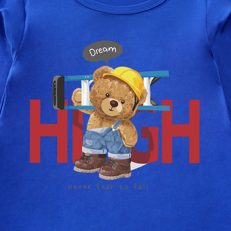 Boys' Blue Long Sleeved T-Shirt With Round Neck Children's Cartoon Ladder Bear Comfortable Spring And Autumn Baby Top