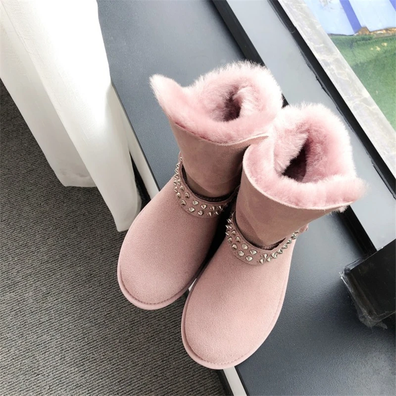 

XPAY Ankle Boots Women Genuine Leather Snow Boots Rivet Decoration Flat Anti-skid Ski Boots Warm Winter Shoes Size 34-43