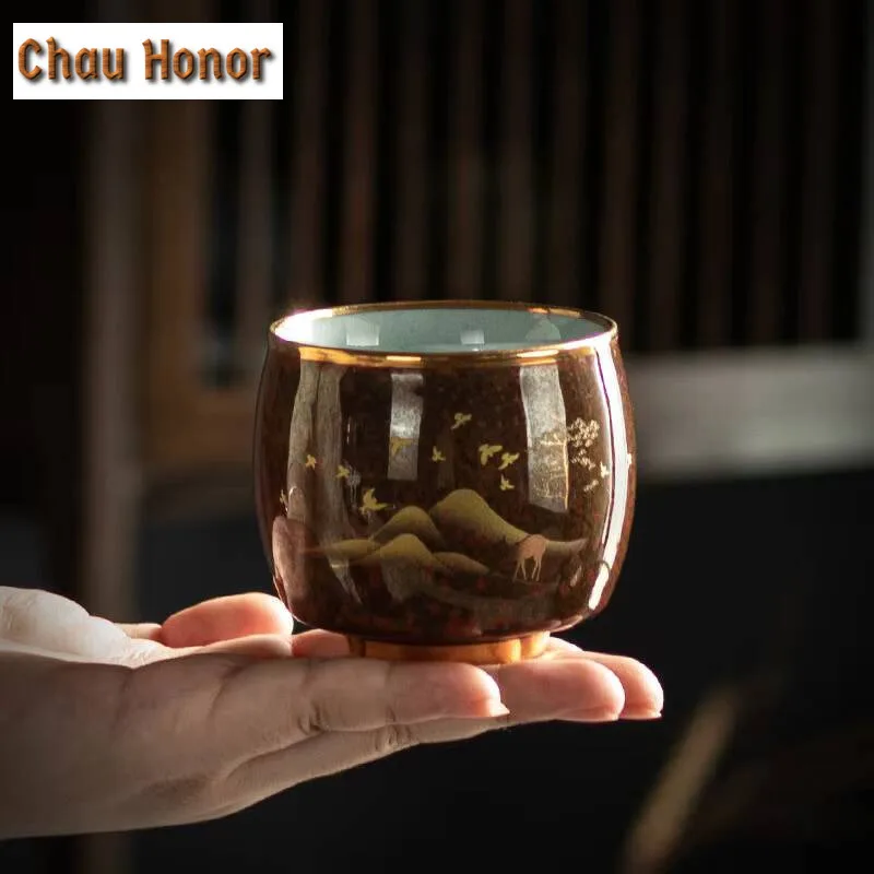 145ml High-end Emerald Red Tianmu Glaze Ceramics Tea Cup Handmade Home Coarse Pottery Kung Fu Teaset Tea Ceremony Gift Packaging