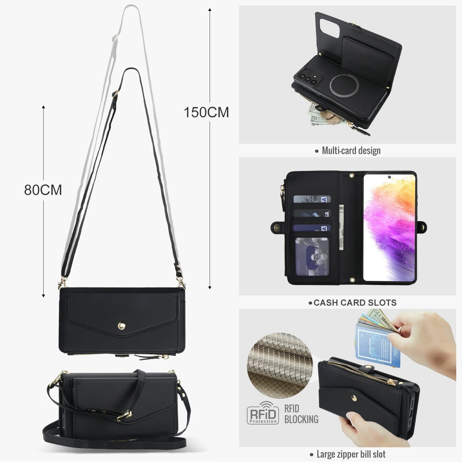 Magnetic Wallet Crossbody Phone Case with Long Lanyard