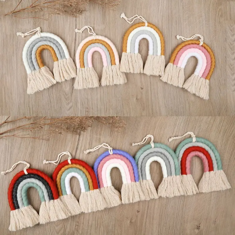 4 레이어 마크라메 무지개 벽 장식 침실 보육  아이 방 다채로운 태피스트리 로프 짠 술 벽 매달려 장난감