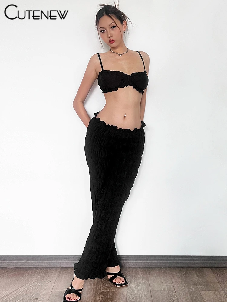 Shirring Trim Women 2 Piece Summer Unique Fashion Solid Crop Camisoles+Elastic Waist Pants Female Matching Sexy Clubwear