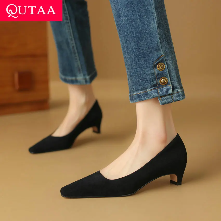 

QUTAA 2024 Square Low Heels Women Pumps Pointed Toe Kid Suede Slip On Shoes Woman Basic Spring Summer Size 34-39