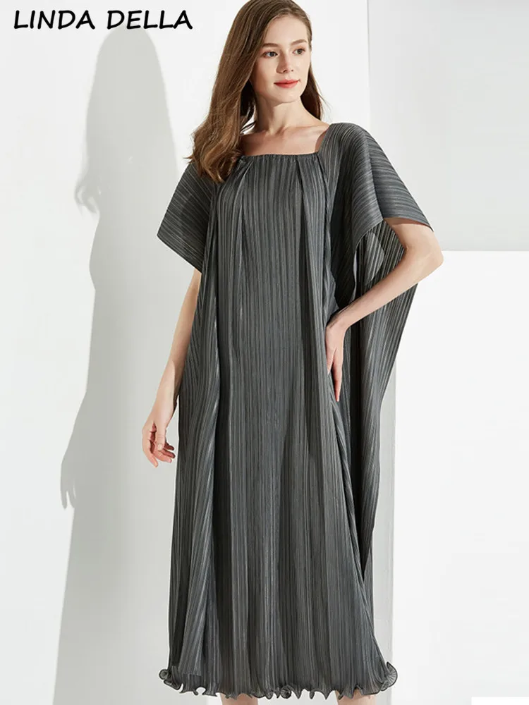 

LINDA DELLA Summer Fashion Designer Gray Vintage Pleated Dress Women Slash Neck Loose Waist Ruffles High Elastic Slim Long Dress