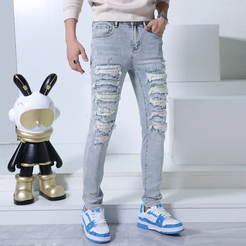Trendy Versatile Ripped Pants Men's Jeans Fashion Street Korean Style Tight Stretch Soft and Comfortable Casual Pants