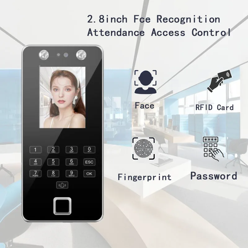 

2.8 inch Office Face Recognition Fingerprint Attendance Machine Punch Card Wiegand RFID Security Door Acces Control System