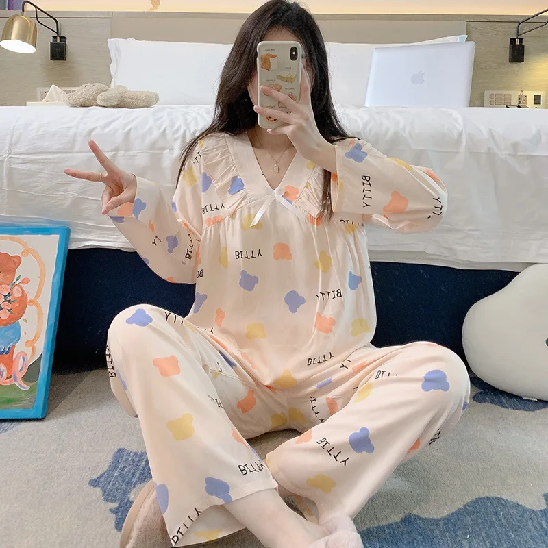 Sweet and Wearable V-neck Nightgown Long Sleeve Trousers Two-piece Set Thin Print Cotton Silk Pajamas  Home Clothing for Women