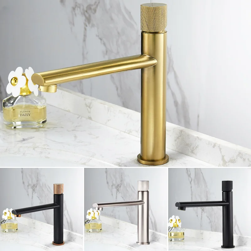 

Light Luxury Brushed Gold All Copper Bathroom Basin Hot and Cold Faucet Upper Basin Wash Basin