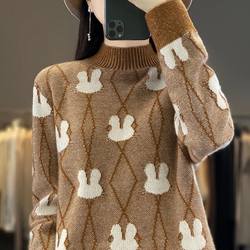 

Autumn and Winter Fashion Trend Colored Rabbit Pattern Half High Neck Thickened Loose Versatile Western Women's Knitted Sweater