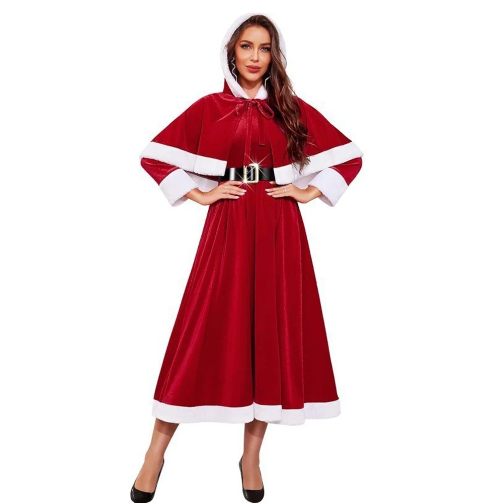 Mrs Claus Costume for Women Adult Santa Costumes Claus Dress Christmas Outfit with Hooded Cape Belt Winter Red Velvet Long Dress