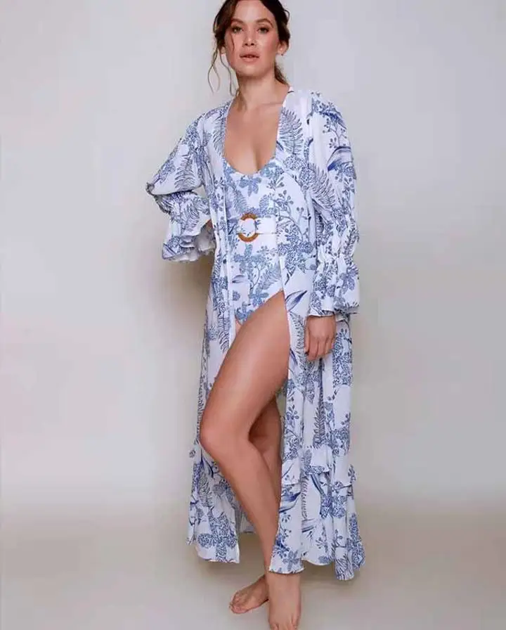 

Floral Printed Swimsuit with Flared Sleeve,One Piece, Chiffon Cover Up, Sexy Push Up, Ring Belt,Summer Fashion, 2023