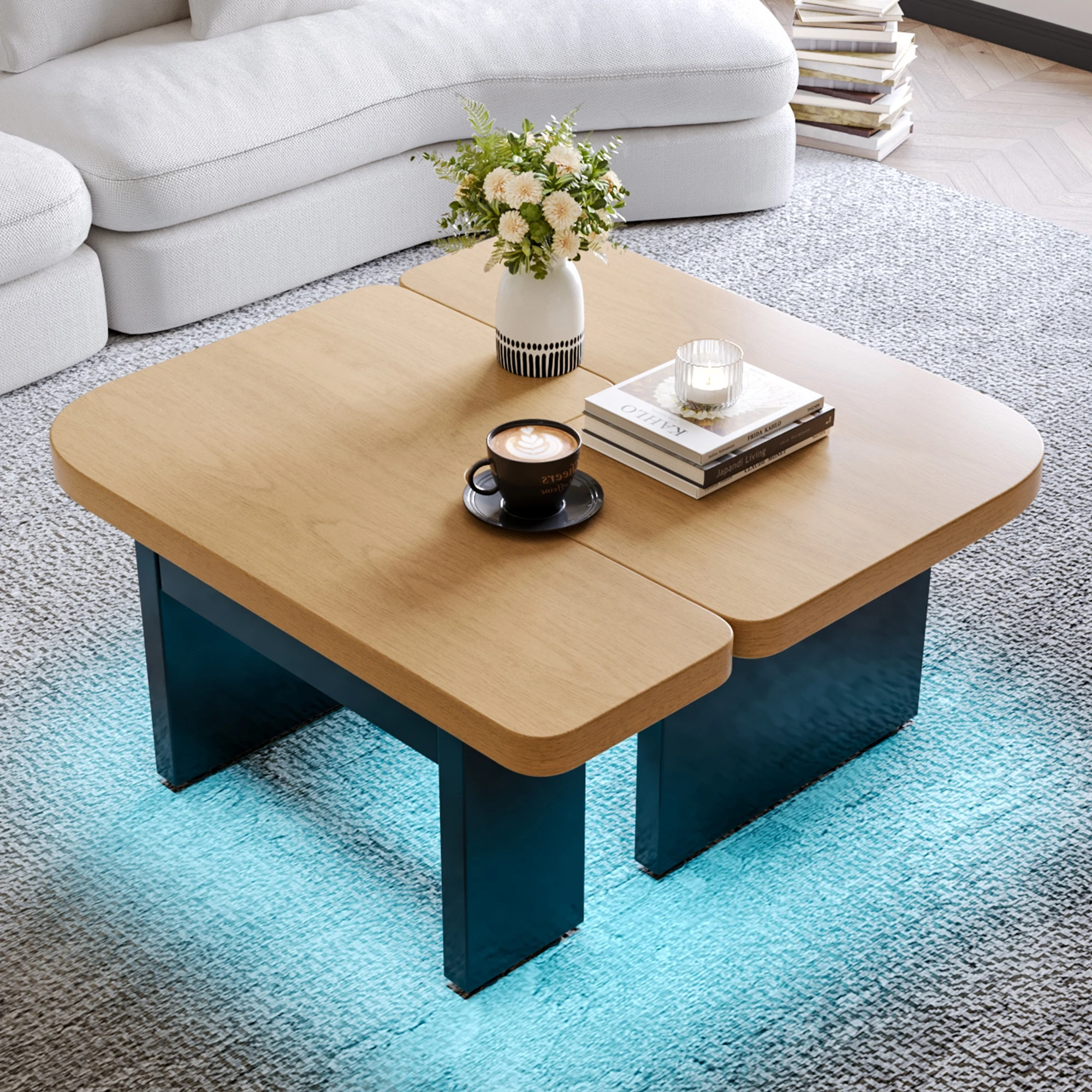LVHOM Couchtisch im modernen Stil aus Massivholz, mit LED-Design, 2 Schubladen und höhenverstellbaren Füßen. – Detail 1
