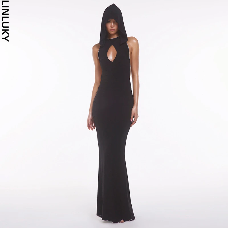 

Autumn New Sexy Strap Open Back Long Hooded Panel Dress For Women Club Party Evening Long Dresses Woman Clothing