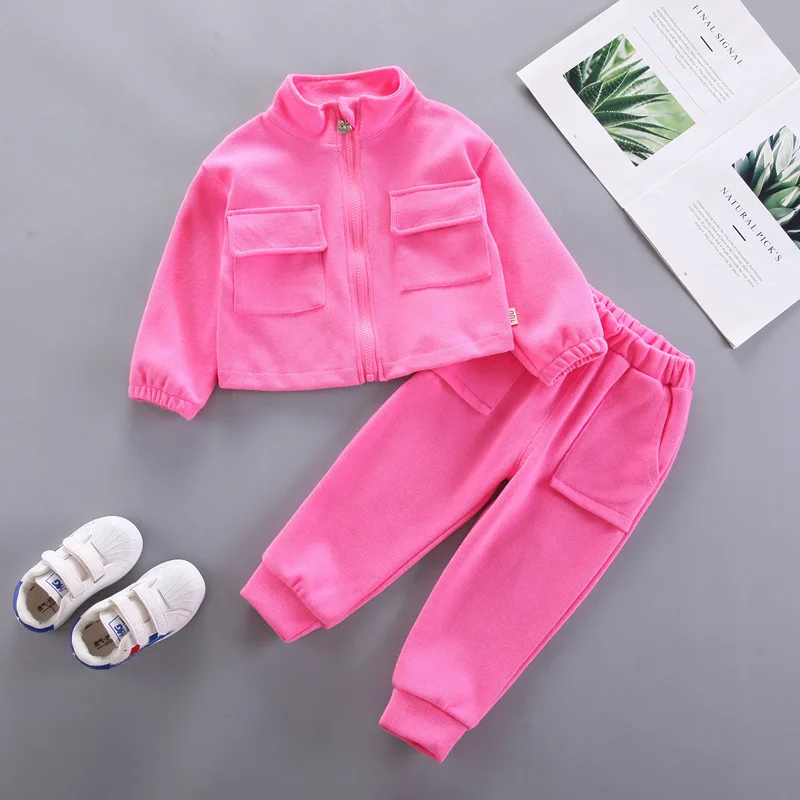 

Girls Sportswear Suits Spring Autumn Pink Clothing Sets Kids Fashion Zip Pocket Jacket +Pants 2Pcs Outfits Baby Tracksuit 1-8T