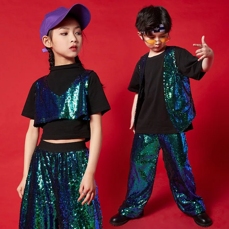 Girl Sequin Crop Tank Top Hip Hop Boys Green Vest Jacket Kids Jazz Shiny Pants Clothes Set Child Street Dance Stage Costume