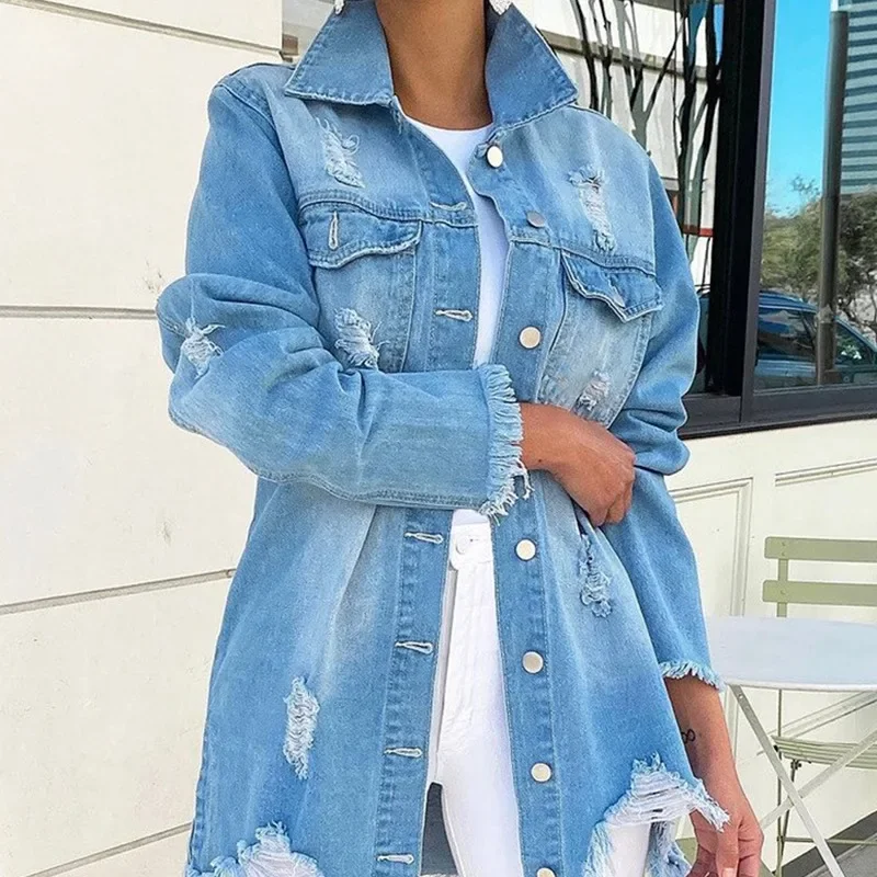 

2023 Spring Summer New Women's Solid Color Irregular Raw Hem Long Sleeve Denim Single Breasted Shirt