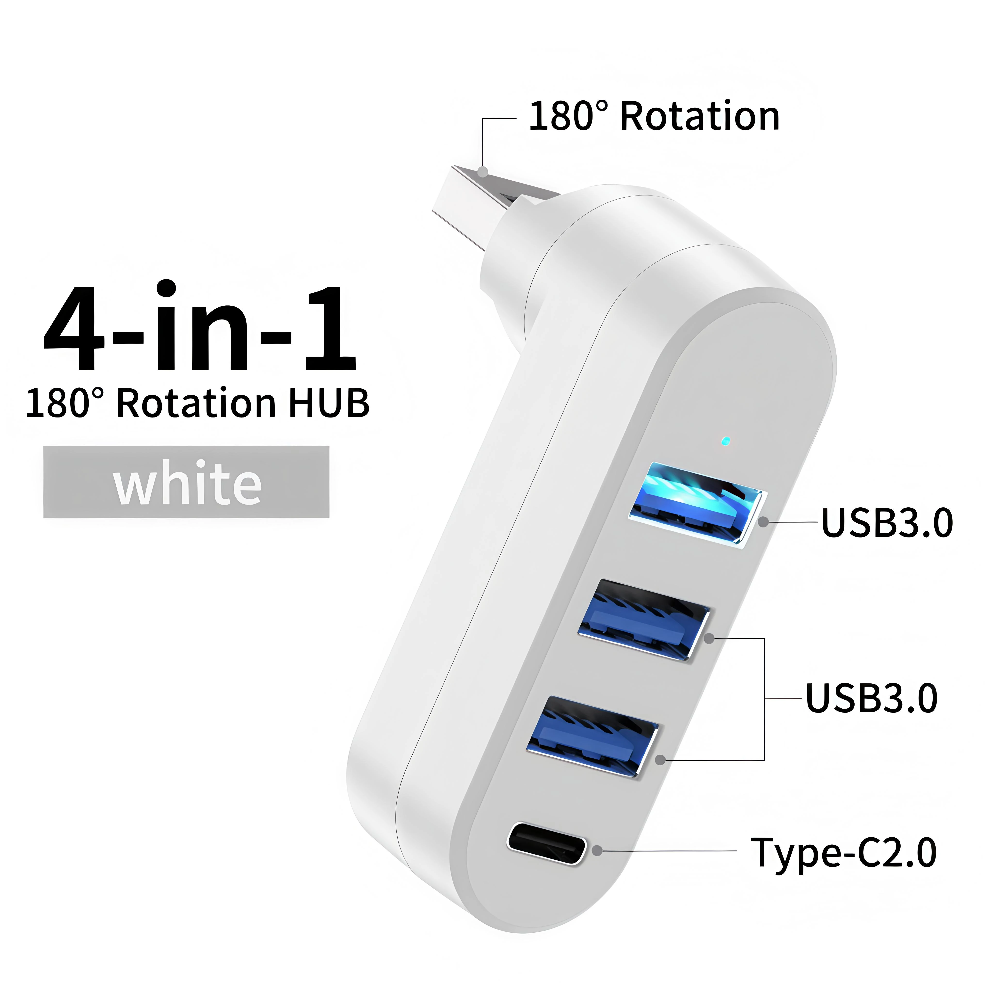 Mini 180 °   Hub USB 3.0/2.0 Rotante a 4 Porte Tipo-C, Adattatore Splitter per Trasferimento Dati ad Alta Velocità per Laptop