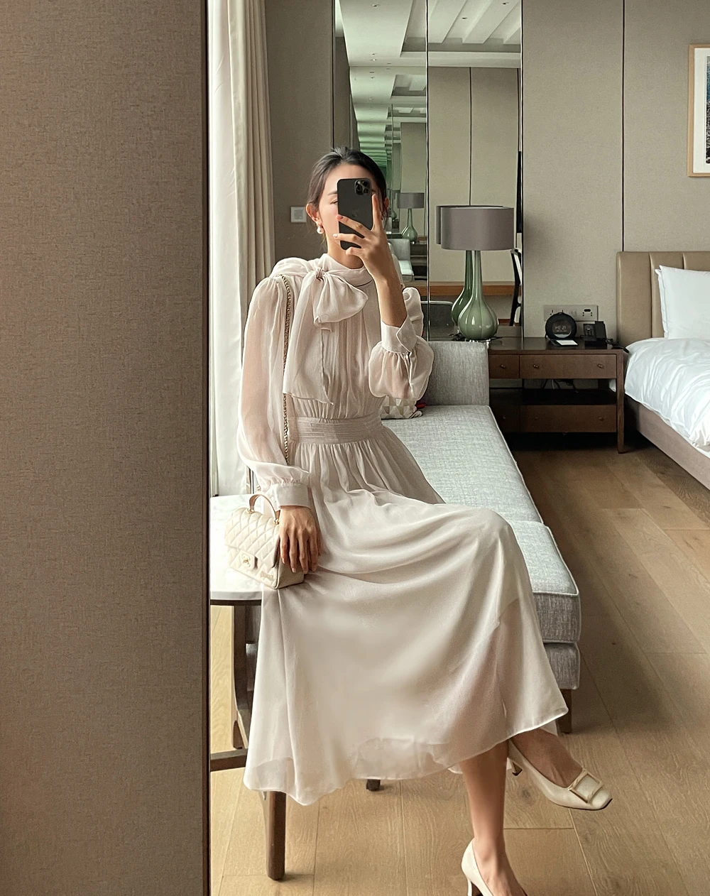 Elegant Midi Dresses for Women Long Sleeves Half High Collar Lace-up A-line Korean Fashion Autumn New One Piece Vestido Mujer