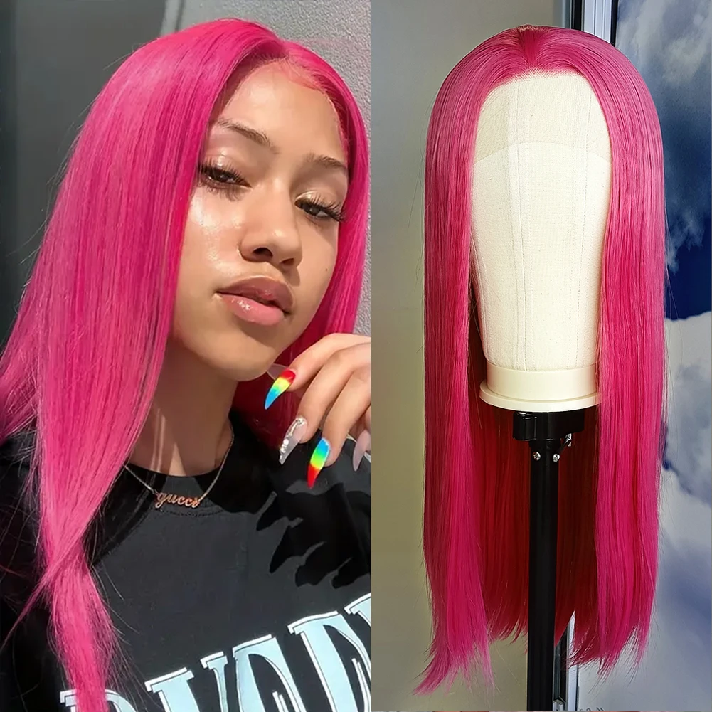 FANXITION Shocking Hot Pink Synthetic Lace Front Wigs Long Silky