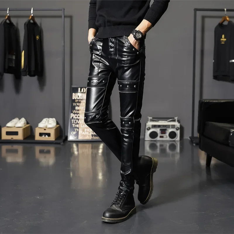 2024 New Winter Spring Mens Skinny Biker Leather Pants Fashion