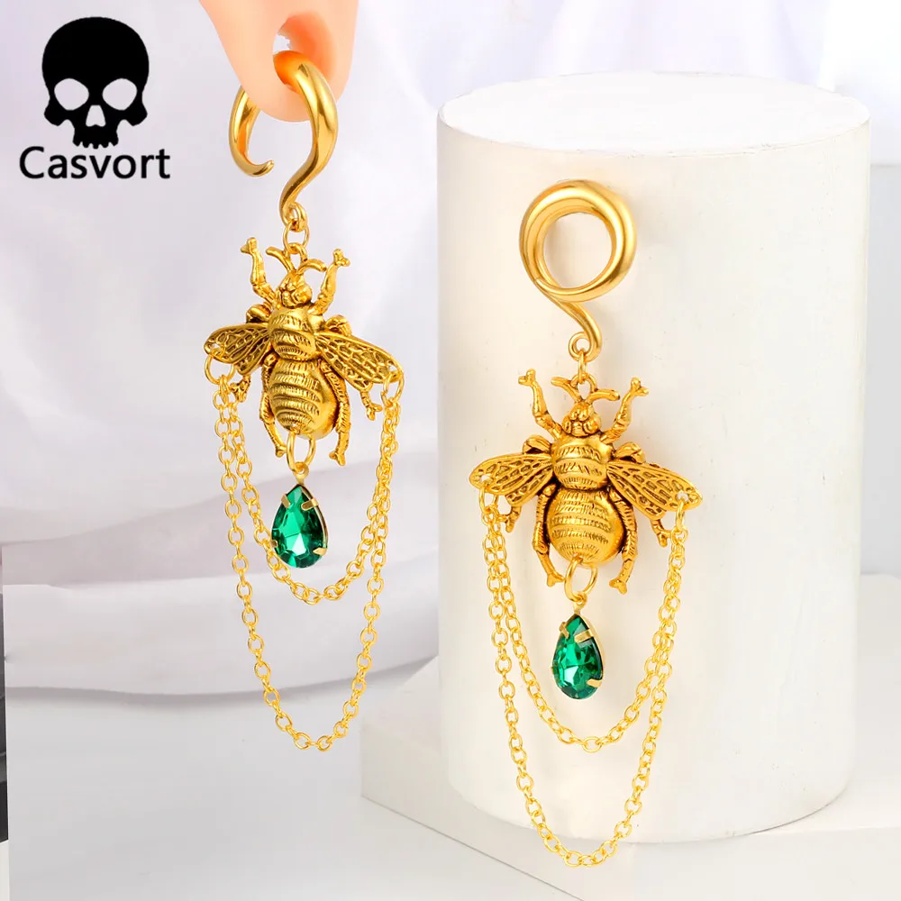 Casvort 2PCS Vintage Goldene Biene Ohr Gewicht Kleiderbügel Ohrringe Haken Baumeln Bahre Frauen Piercing Körper Schmuck Expander – Detail 7