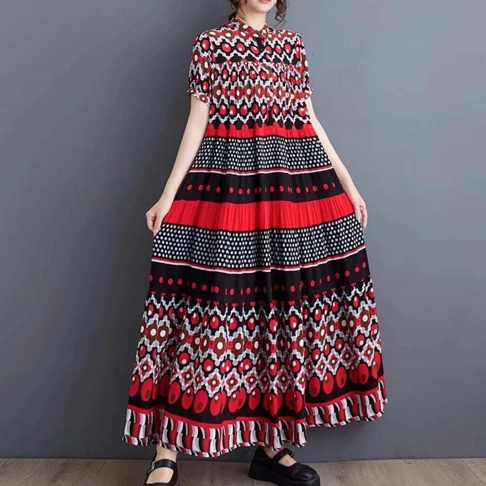 

#3898 Blue Red Vintage Long Shirt Dress Stand Collar Buttons Split Joint A-line Retro Dress Women Short Sleeve Loose Summer 2024