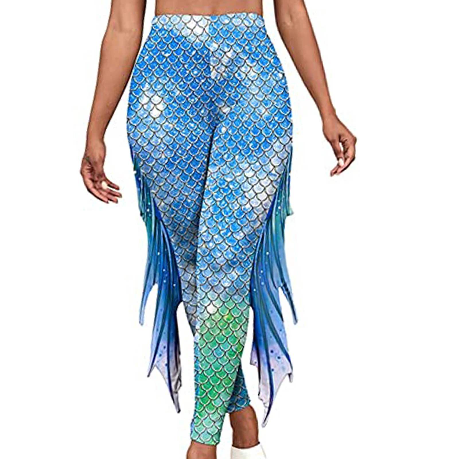Leggings de sirena para mujer, pantalones, disfraz de Cosplay, estampado de escamas de pescado, mallas, pantalones brillantes con pantalones acampanados de sirena de tul