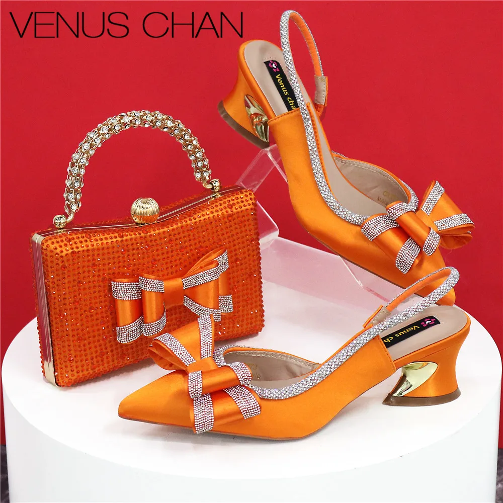Orange Matching Shoes And Clutch Rhinestone Style Noble Italian