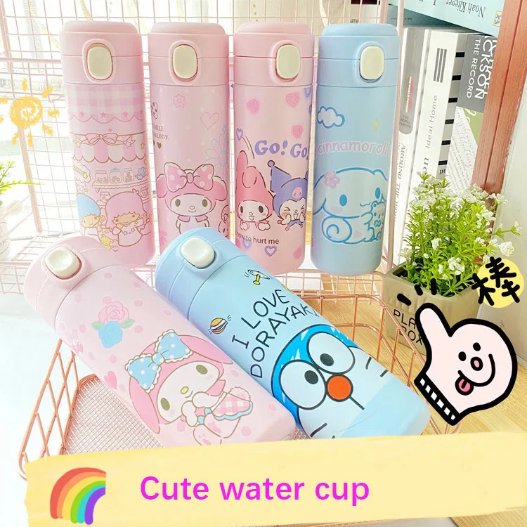

420ml Sanrioed Hellokittys Mymelody Kuromi LittleTwinStars Cinnamoroll Purin Cartoon 304 Thermos Cup Bouncing Water Cup