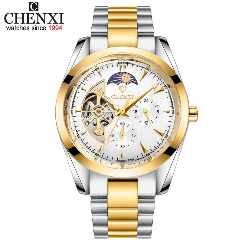Chenxi Orologi Uomo Moon Phase Tourbillon Orologi Luxury Gold Acciaio Inossidabile Orologi Da Polso Meccanici Automatici Da Uomo Reloj Hombre
