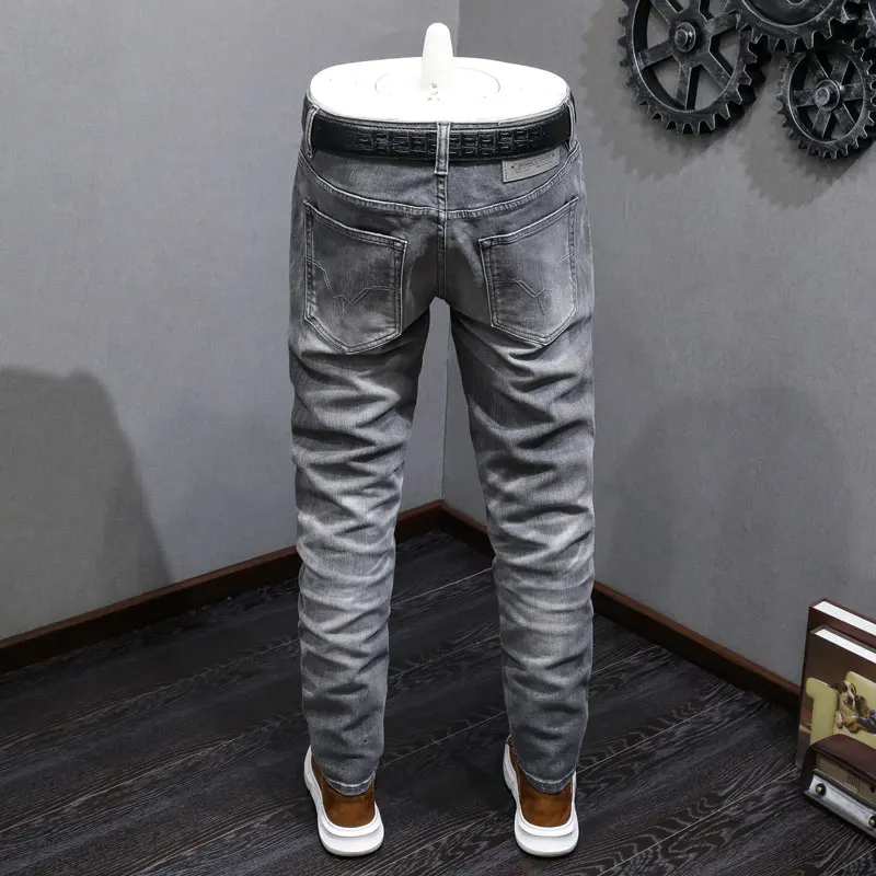 Fashion Designer Men Jeans High Quality Retro Black Gray Stretch Slim Fit Ripped Jeans Men Embroidery Vintage Denim Pants Hombre