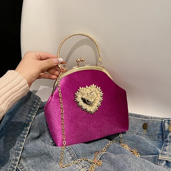Velvet Frame Heart Dinner Hand Bags Diamonds Chains High Quality Shoulder and Crossbody Bags for Women 2024 Fashion Hot Sale