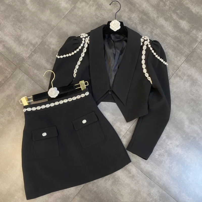 

QIWN 2023 Fall Winter Long Sleeve Diamonds Chain Padded Shoulder Slim Blazer High Waist Short Mini Skirt Two Piece Set GC767