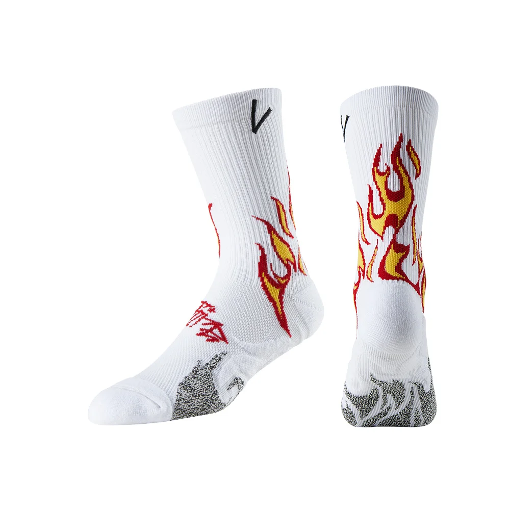 Running socks with fire pattern and arch support, breathable cushioned compression socks for men and women, crew-length cycling socks