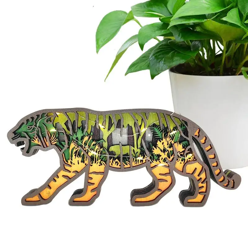 Multi Layer Wood Art Rustic Forest Tiger Decor With Light String 3D Wooden Farmhouse Animals