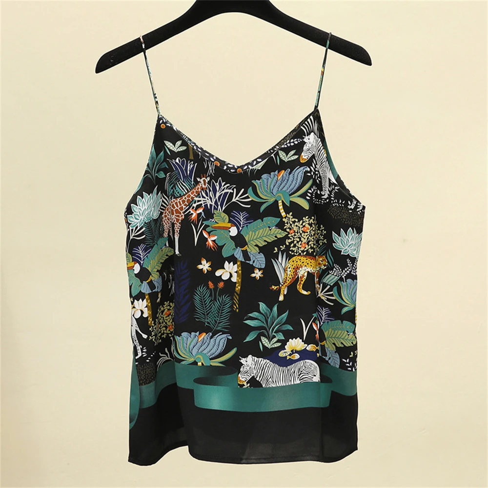 

2023 National Style Satin Tank Top Vintage Forest Animal Leaves Print Camisole Summer Women's Sexy Spaghetti Strap V Neck Tops
