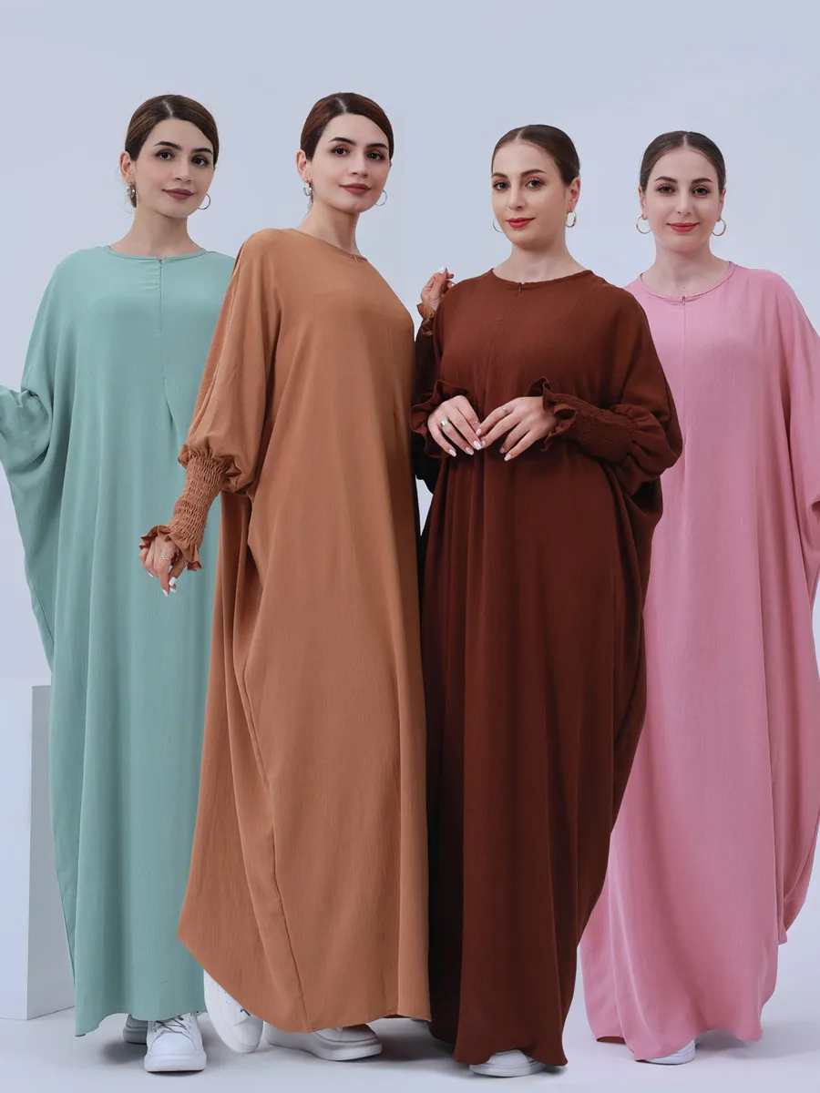 

Muslim Solid Color Dubai Abayas For Womens Turkish Linen Loose Hijab Dress Ramadan Robe Femme Batman Elastic Sleeve Long Dresses