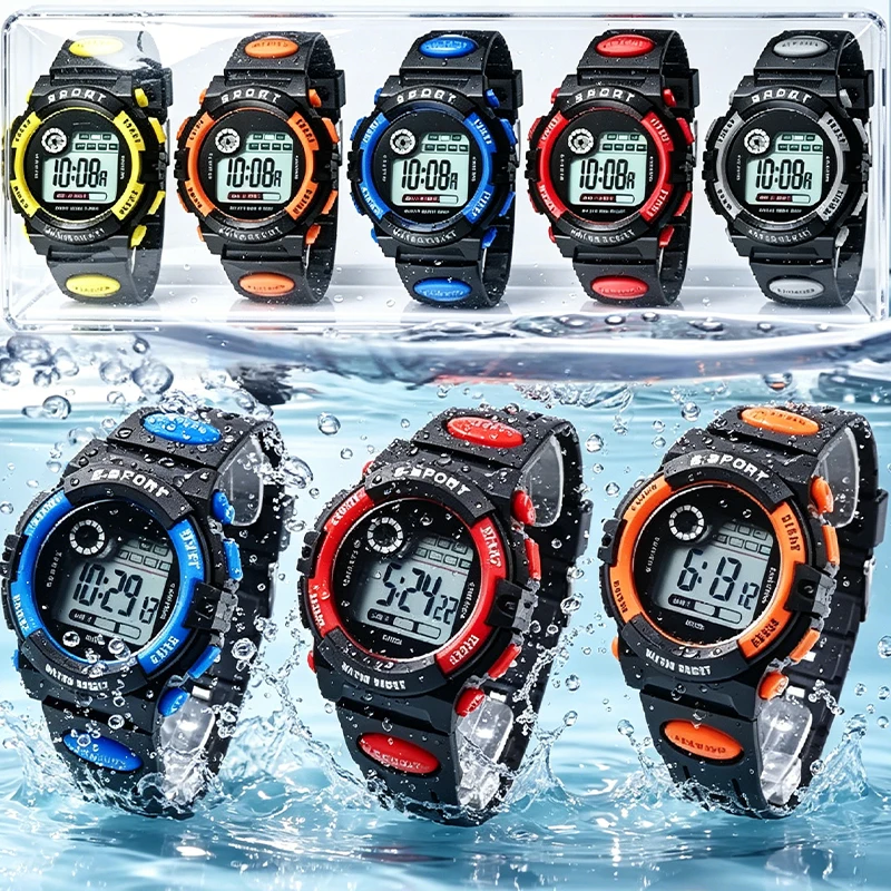 Children's Waterproof LED Sport Watch with Silicone Strap and Multi-Function Features
