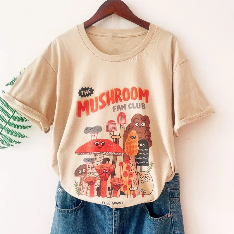 

Cotton Material Retro Apricot Mushroom Fan Club Cute T Shirts Casual Summer Woman Tshirts Mushroom Fashion Streetwear Clothes