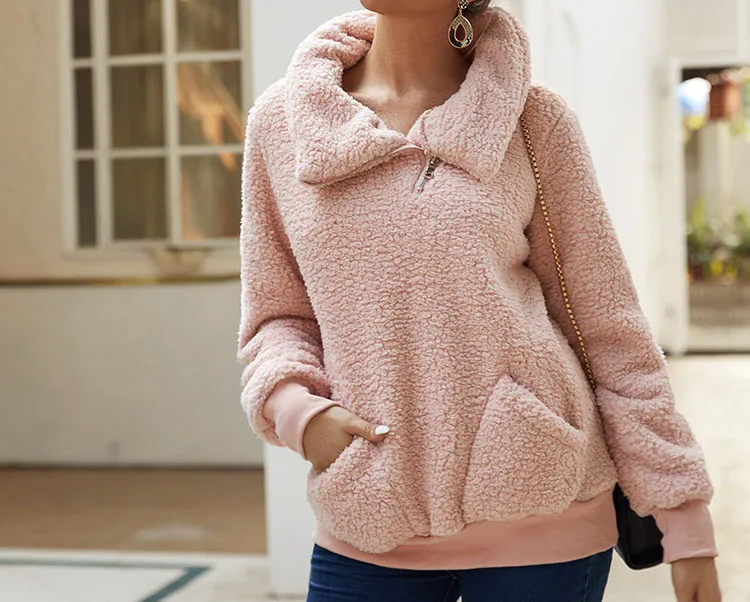 Sweatshirt for Women 2023 Autumn and Winter New Fashion High Neck Solid Color Pocket Zipper Long Sleeve Casual Blouse