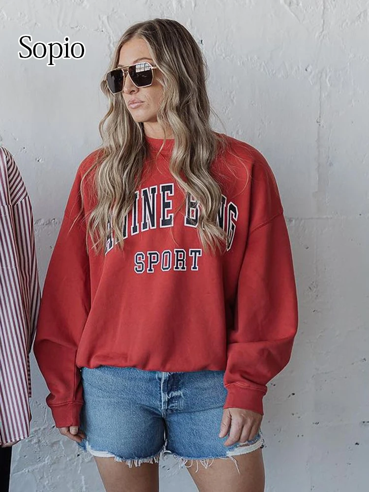 

Classic Fashion Letter Print Winter Women Sweatshirts Fleece Loose Streetwear Tops Cotton Fashion Red Sporty Plushed Pullovers