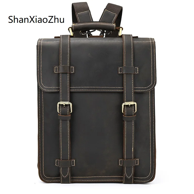

Crazy Horse Leather Men's Backpack Shoulder Bag Travel Bagpack Leather Student School Bag Male with Removable Strap Anti Theft
