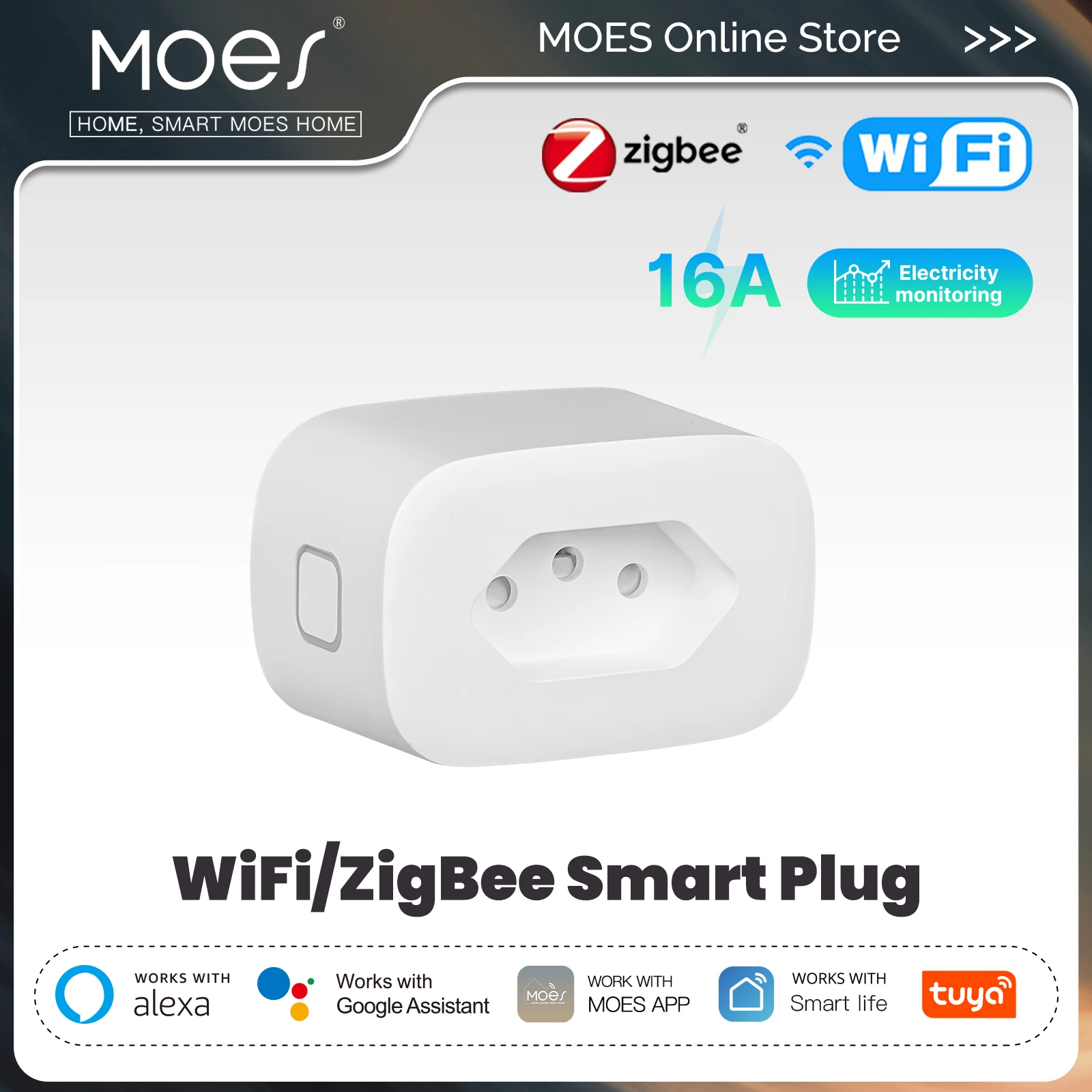 MOES 16A 스마트 플러그 Tuya WiFi/Zigbee 브라질 버전 소켓 전기 모니터링 Alexa Google 홈으로 내화성 App 제어