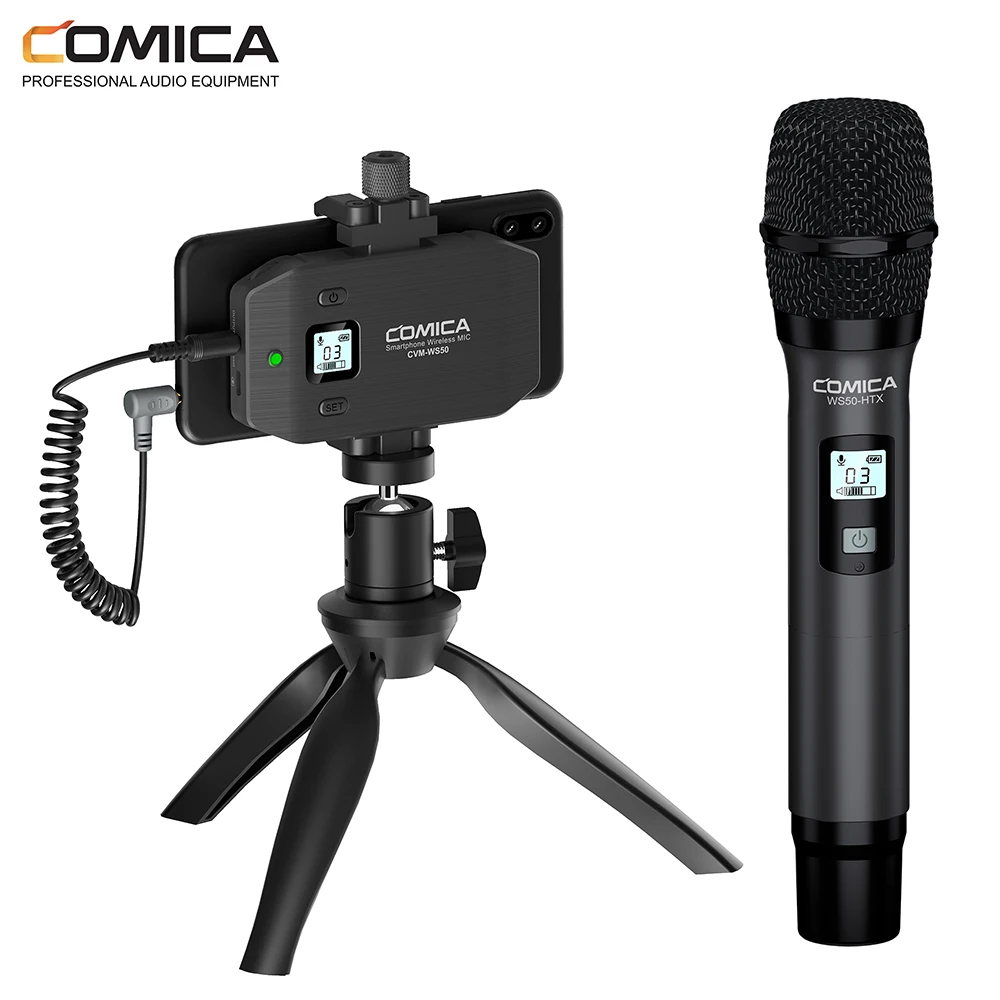 Comica CVM-WS50H 무선 마이크, 삼각대 포함, 아이폰, 안드로이드 스마트폰, Dslr 카메라, 인터뷰용 핸드헬드 마이크