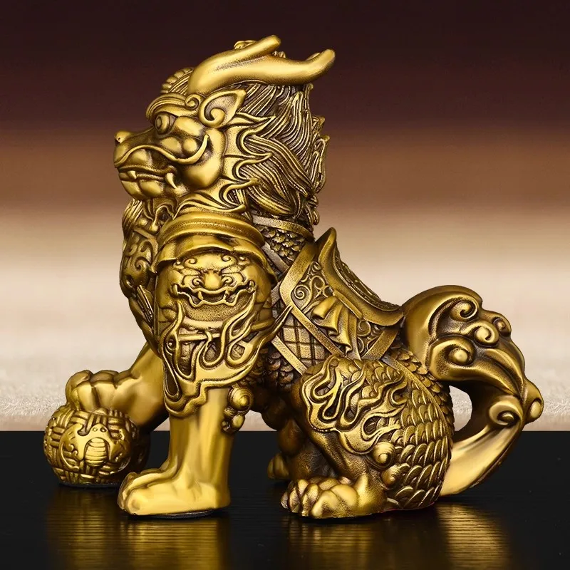 Feng Shui Brass Armor Qilin Statue, Wealth & Fortune Mythical Creature, Chinese Traditional Ornament for Home Office Desk Decor